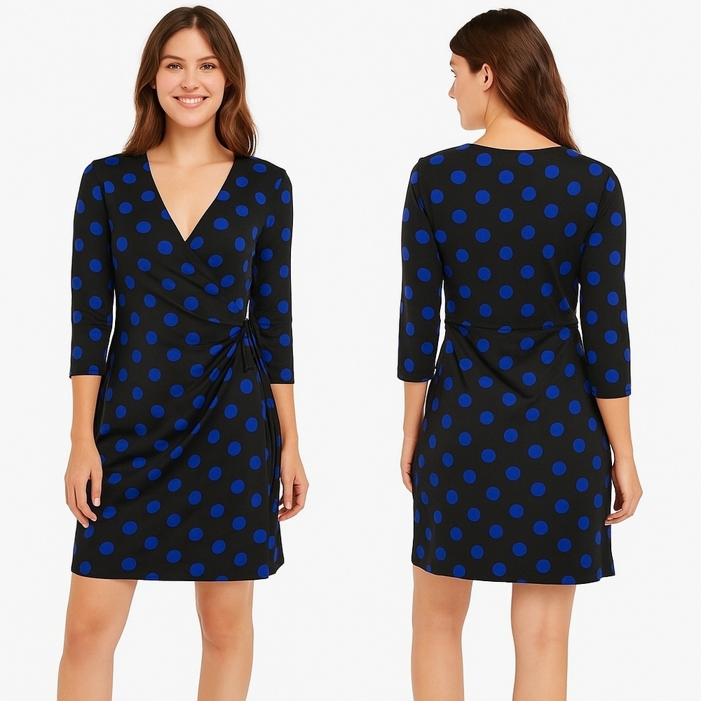 Emma & Michele Blue With Black Polka-dot Wrap Dress Med NWOT